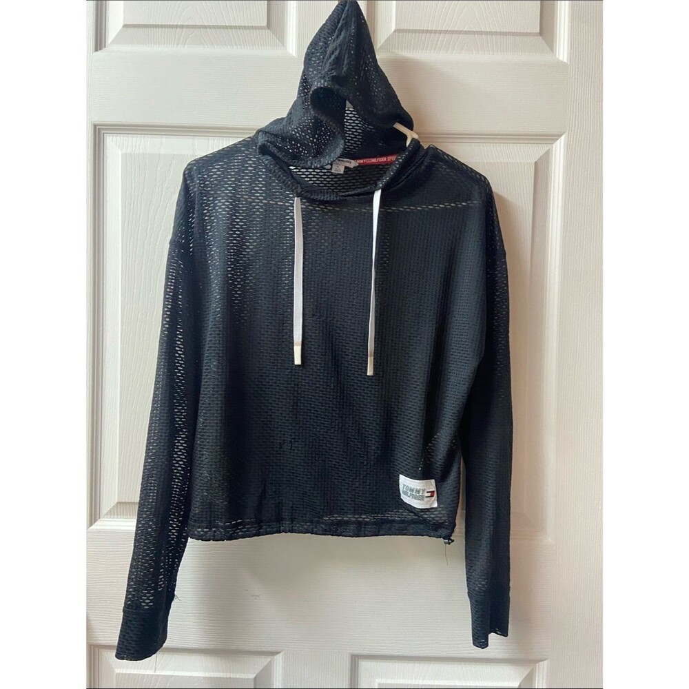 Tommy Hilfiger Black Mesh Hooded Top with Red Logo Tape Medium